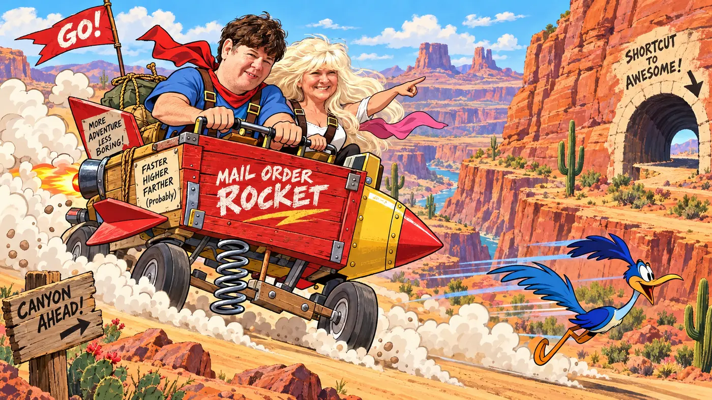 ACME desert dash. adventure illustration featuring Robert + Sandy