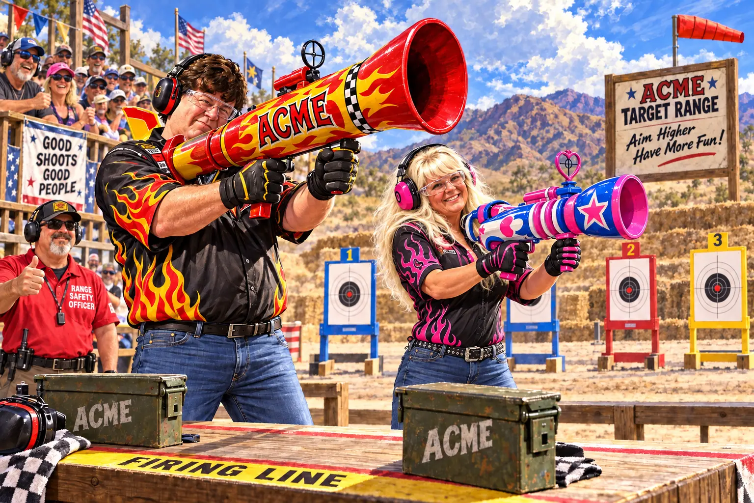 Robert and Sandy wearing safety gear at a target range with oversized ACME cartoon launcher props and paper targets