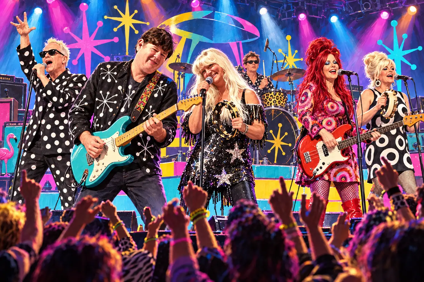 Robert and Sandy performing onstage with The B-52s before a packed concert crowd