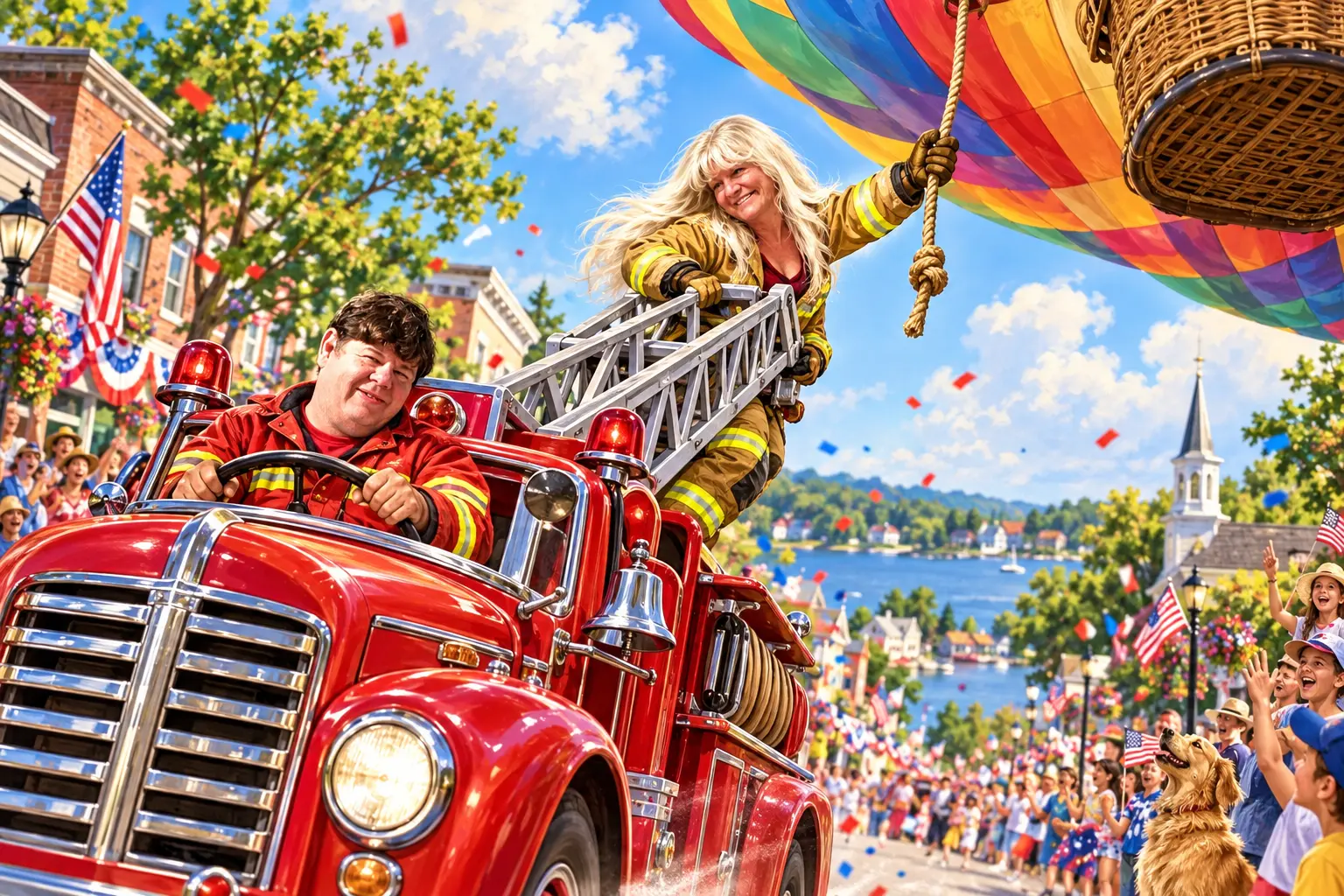 Sandy reaching from a ladder rescue truck toward a runaway parade balloon while Robert drives