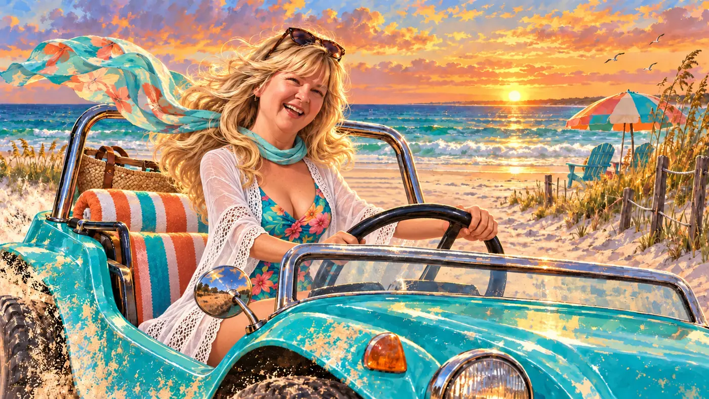 Sandy driving a turquoise beach buggy beside the ocean at sunset