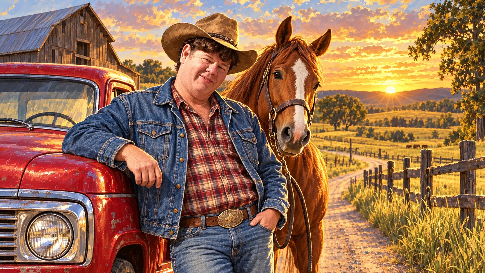 Robert leaning against a vintage red pickup beside a horse on a country road at sunset