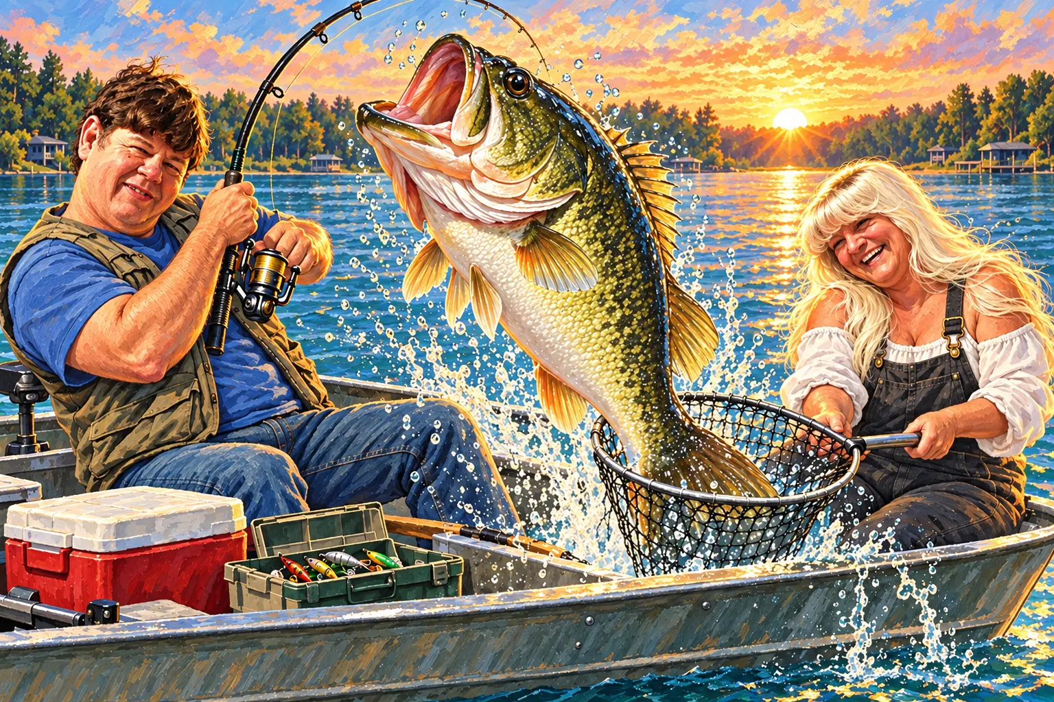 Robert and Sandy celebrating an enormous fish on a lake