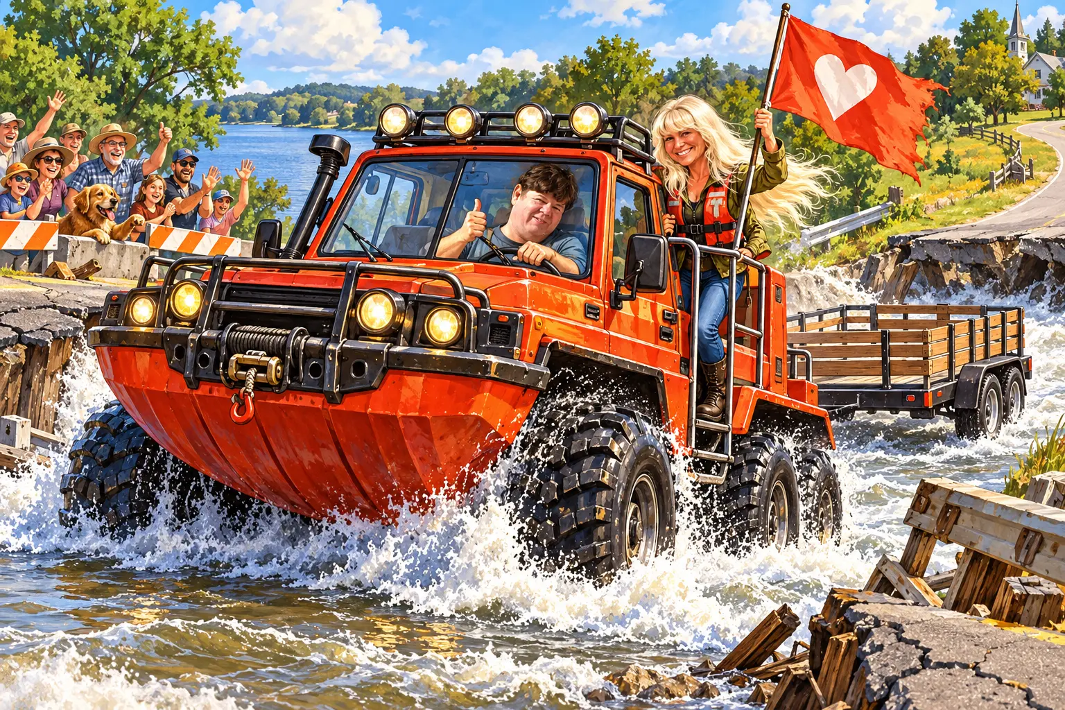 Robert driving an amphibious rescue truck through floodwater while Sandy signals with a flag