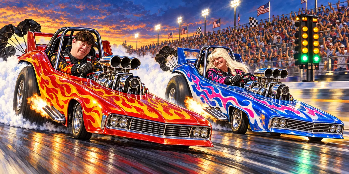 Robert and Sandy racing side by side in wildly exaggerated funny cars at a packed drag strip