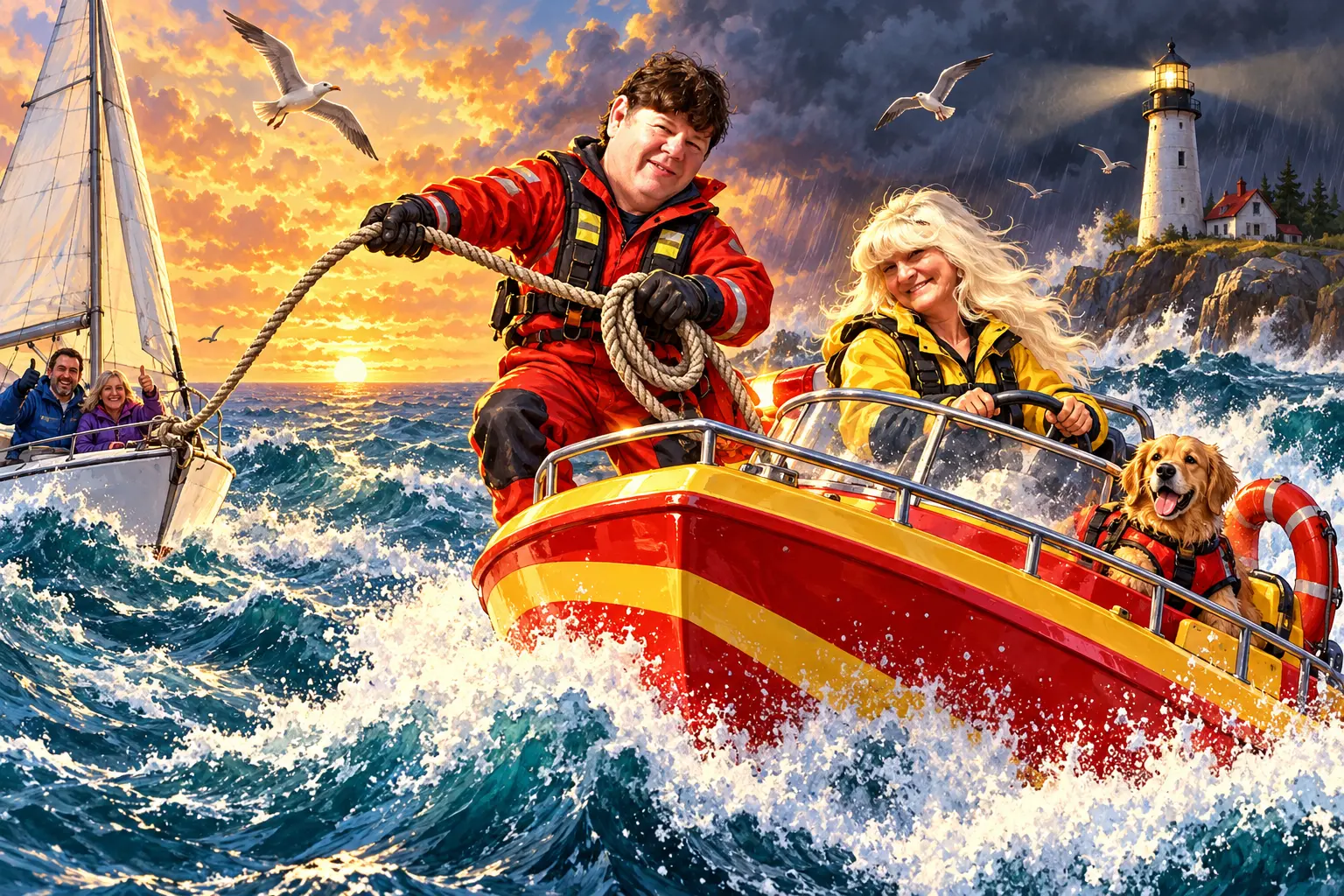 Lighthouse lifeline. adventure illustration featuring Robert + Sandy