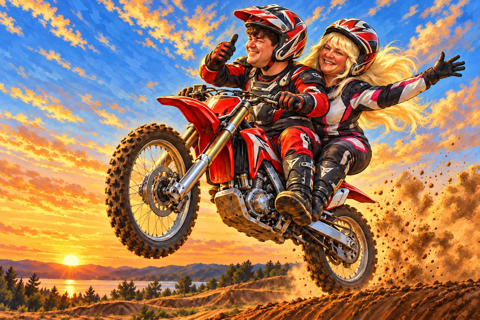 Caricature of Robert and Sandy jumping a red motorcycle over a dirt track at sunset