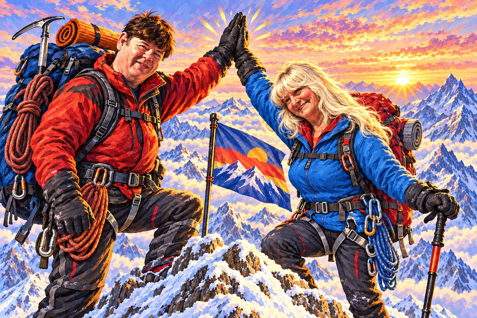 Robert and Sandy celebrating together on a snowy mountain summit