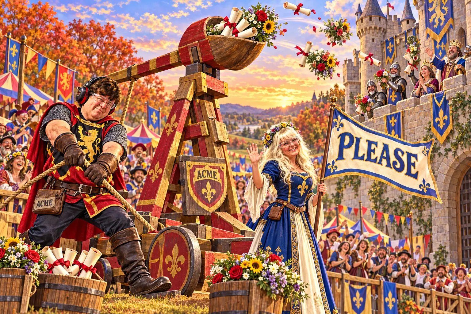 Robert and Sandy politely sieging a festival castle with flowers and invitations