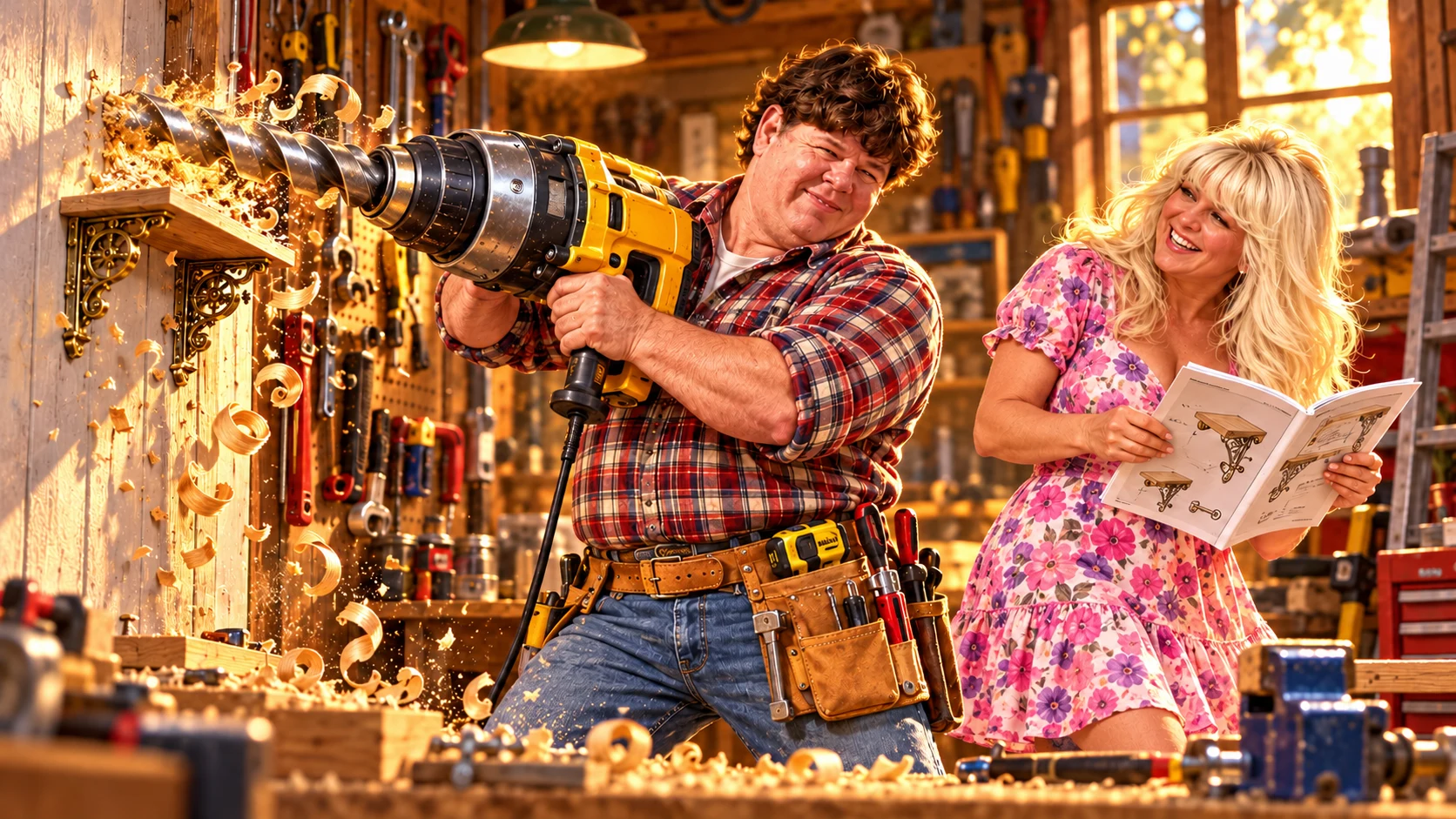 Robert wielding an oversized power drill while Sandy laughs with the instructions