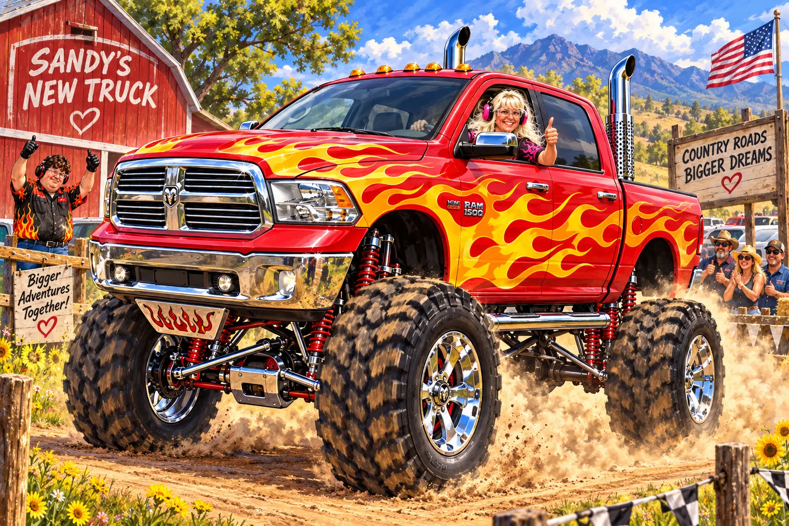 Sandy's new truck. adventure illustration featuring Sandy