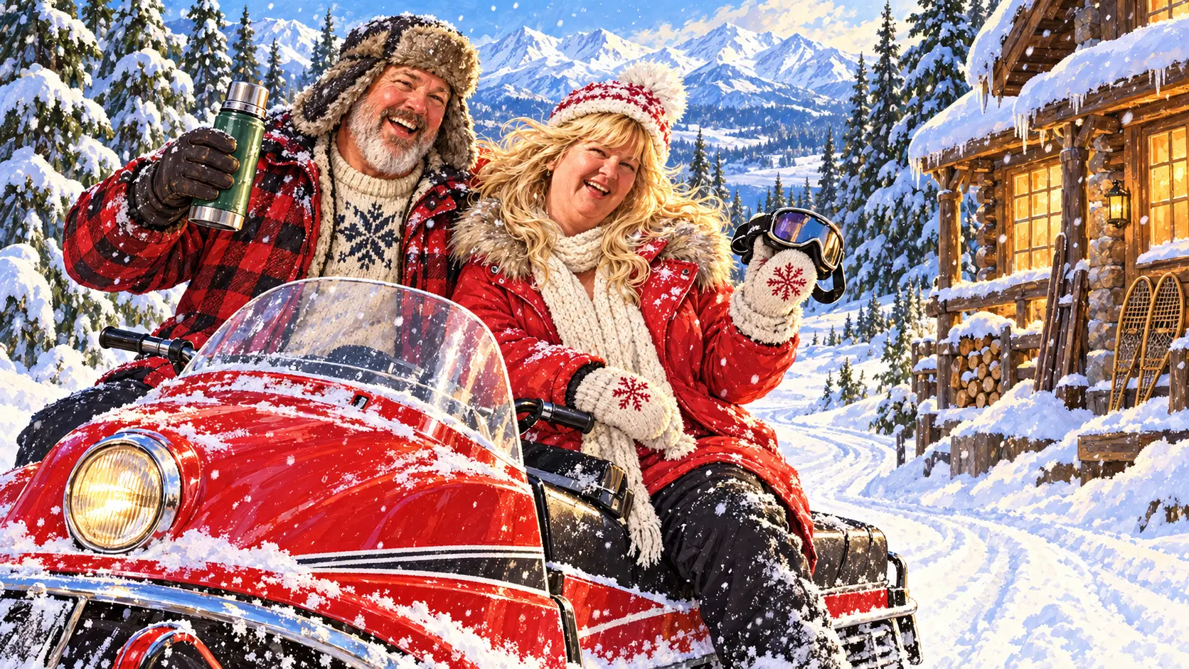 Robert and Sandy laughing beside a red snowmobile outside a snowy mountain cabin