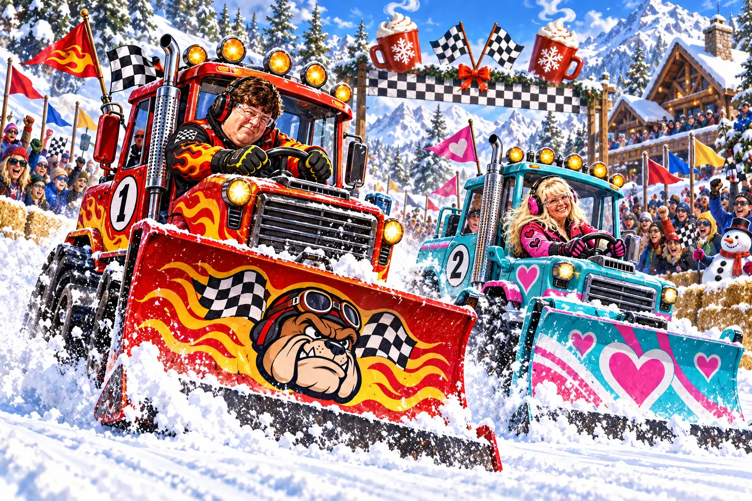 Robert and Sandy racing decorated snowplows with a hot cocoa finish