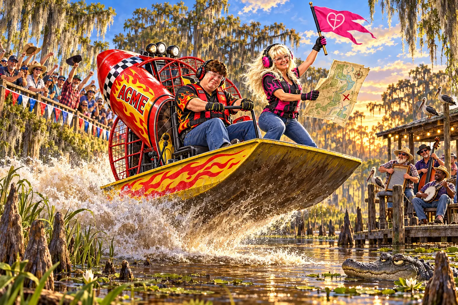 Swamp boat moonshot. adventure illustration featuring Robert + Sandy