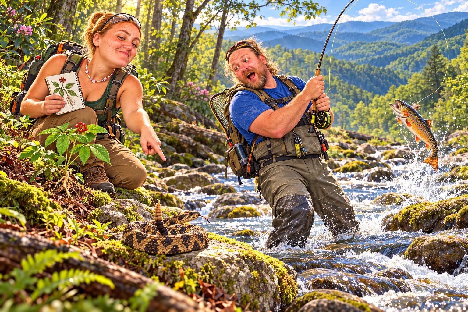 Jon and A.J. on a West Virginia trout, rattlesnake, and ginseng adventure